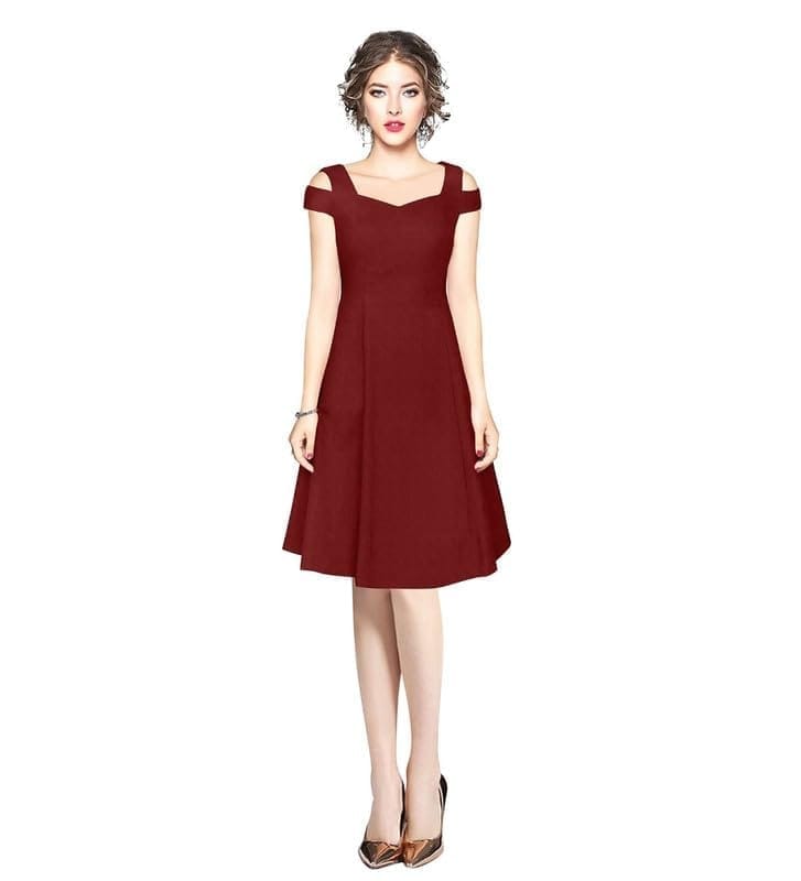 Women's Polyster Solid V Neck Cap Sleeve Off Sholder Dresses (Maroon, XL)-PID56825