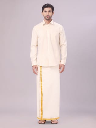 Mens Tissue Gold Colour Dhoti Shirt Wedding Combo Maverick-36 / F/S / Gold