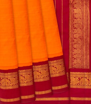 Orange Handloom Kanchipuram Korvai Silk Saree With Crimson Border-Orange-Orange