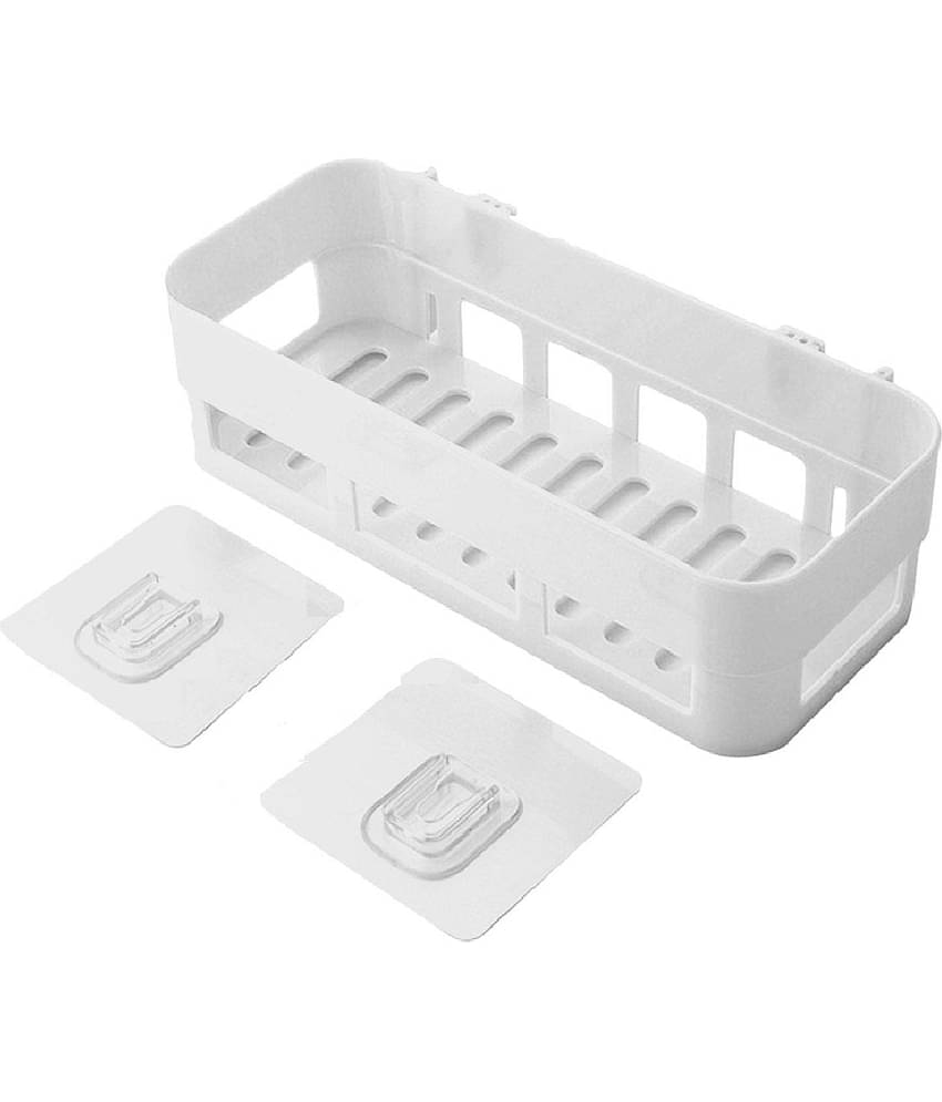 BLUE HOME AND KITCHEN Plastic Self Adhesive Wall Mounted Rectangular Bathroom Shelf Storage Organizer White