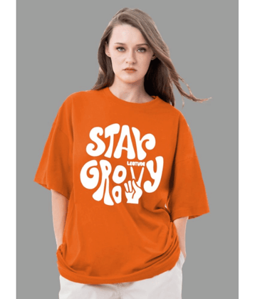 Leotude Women Cotton Blend Printed Oversized Fit Round Neck T-Shirt ( Orange )