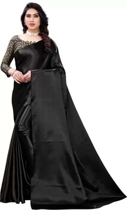ANSH Womens Satin Solid Saree length (5.5m) & Blouse Piece Size (0.8m) (Black)