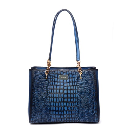 Smokey Blue Deep Cut Croco Leather Button Closure Hand Bag for Ladies by Brune & Bareskin-MEDIUM