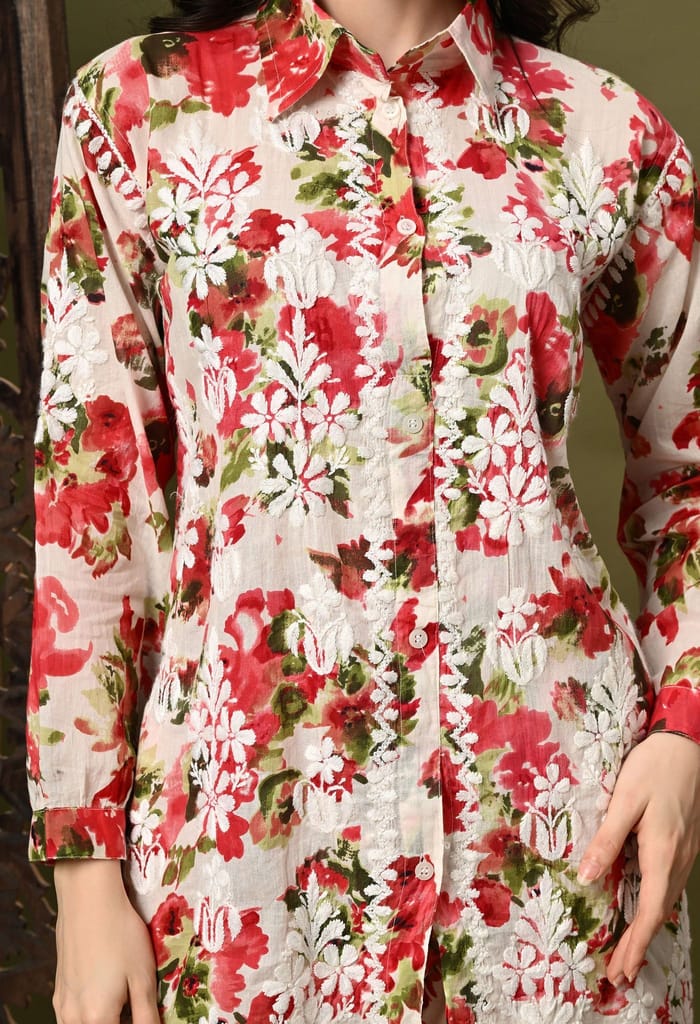 Chikankari Cord Set in Mulmul Set - Floral Print Red