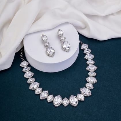 Oval Cut CZ Necklace Set-White / Rhodium