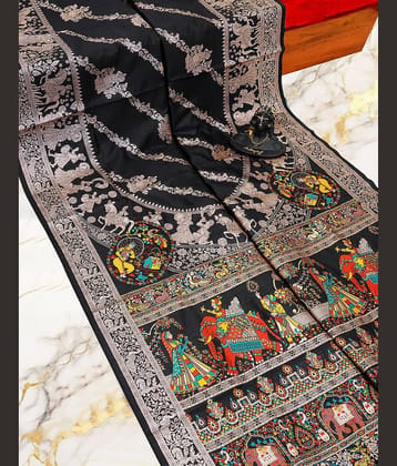ISARA Art Silk Solid Baluchari Saree With Unstitched Blouse Piece ( Black )