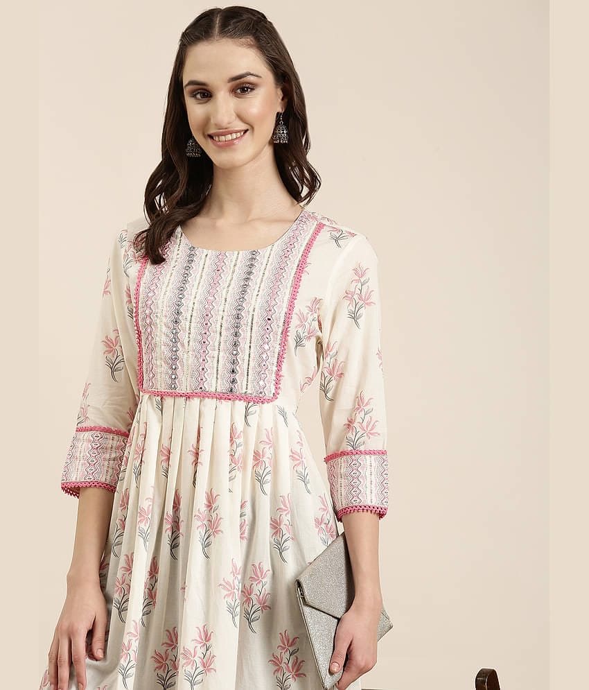 Showoff Cotton Blend Embellished A-Line Women's Kurti - Cream ( Pack of 1 )