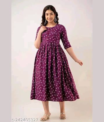 RIAANA Cotton Printed Flared Women's Kurti - Purple ( Pack of 1 )