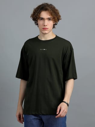 Men Dark Olive Brand Logo Solid Oversized T-Shirt-S