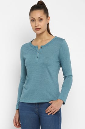 Women's Full Sleeves Henley Top - (Clearance No Exchange No Refund)-L / Teal