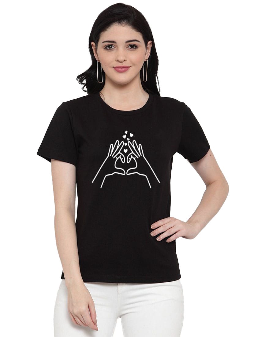 Women's Cotton Blend Heart Hands Line Art Printed T Shirt L (Black)