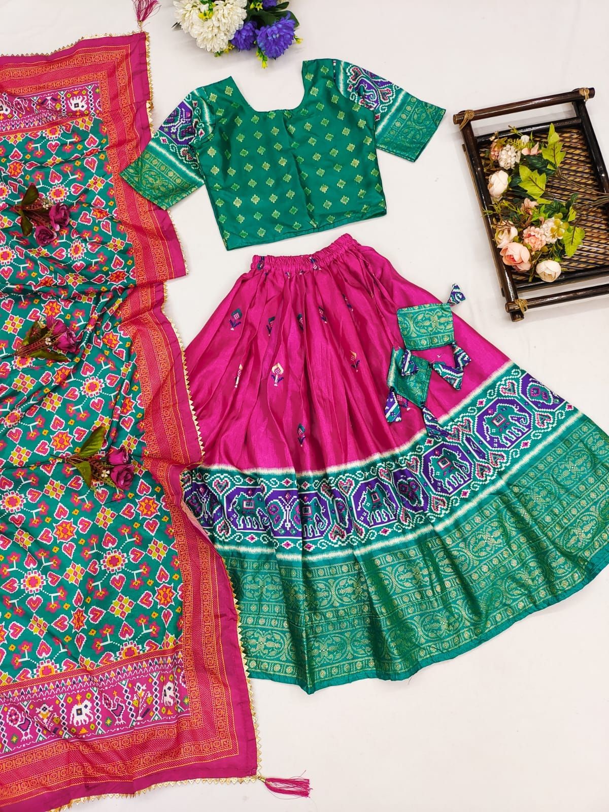 Pink and Green Border Girls Lehenga-7 - 8 Yrs