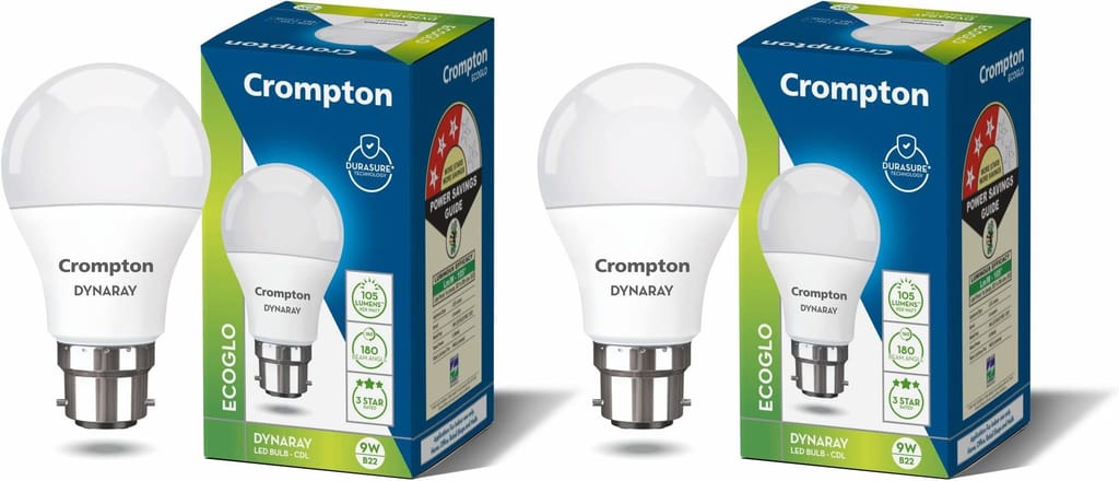 Crompton DynaRay 9W LED Bulb | Cool Day Light | B22 Base | Pack of 2 | High Voltage & Surge Protection - Electricals | Buy online on ZillyBuy