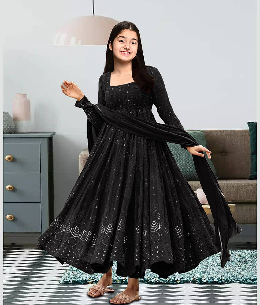 Trijal Fab Georgette Fit And Flare Dress For Girls ( Pack of 1 , Black )