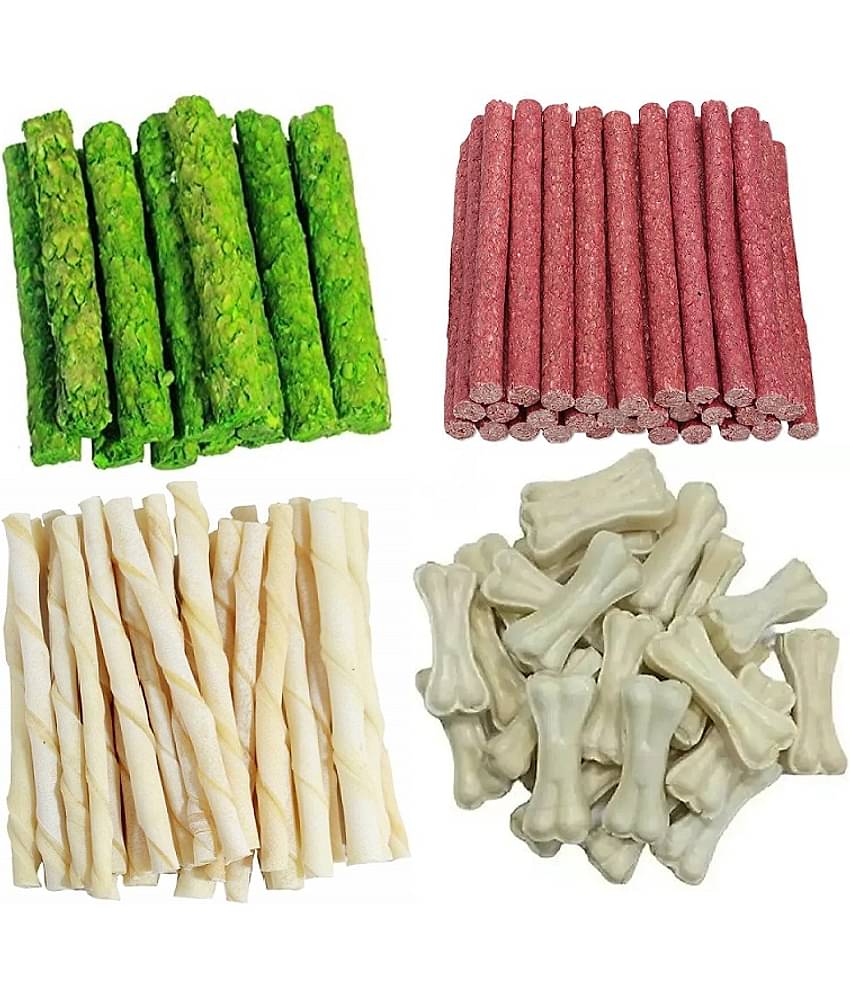 The Treat Home Dog Easily Digestible Munchy Stick (Mutton, Egg) Flavour & Twisted (White Stick) & Calcium Rawhide 4 Inch Bone Each Pack Of 100GR