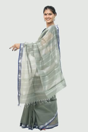 Epic Silver Brocade handwoven Saree with Tassels