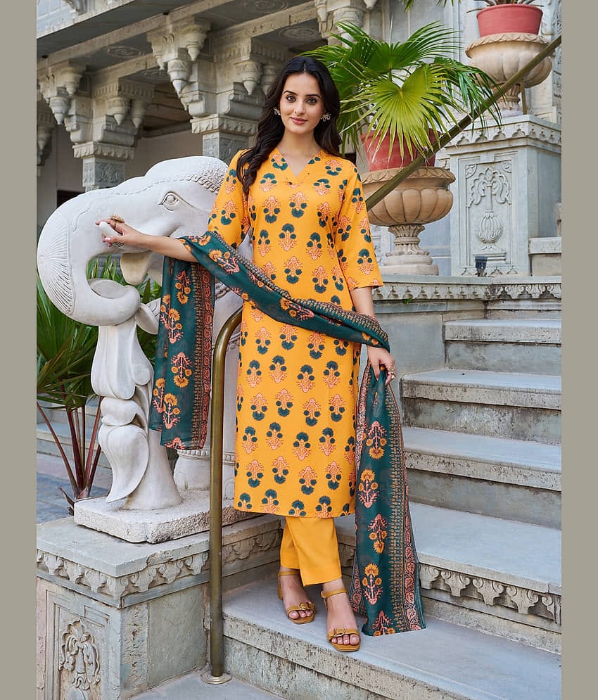 VIBE VISION Cotton Blend Printed Kurti With Pants Women's Stitched Salwar Suit - Yellow ( Pack of 1 )