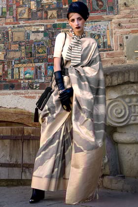 Ebullience Beige Soft Banarasi Silk Saree With Divine Blouse