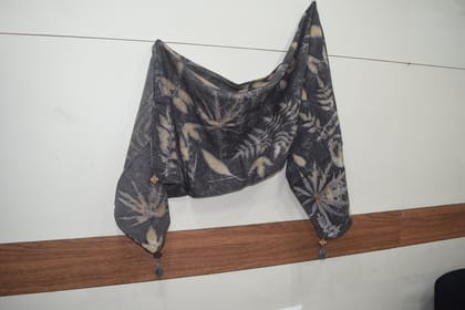 TULIP Traditional Artisians' Upliftment Livelihood Program Handcrafted Botanical Print Cotton Stole, Black and Beige, Leaf Pattern TULIP Traditional Artisians' Upliftment Livelihood Program Handcrafted Botanical Print Cotton Stole, Black and Beige, Leaf Pattern
