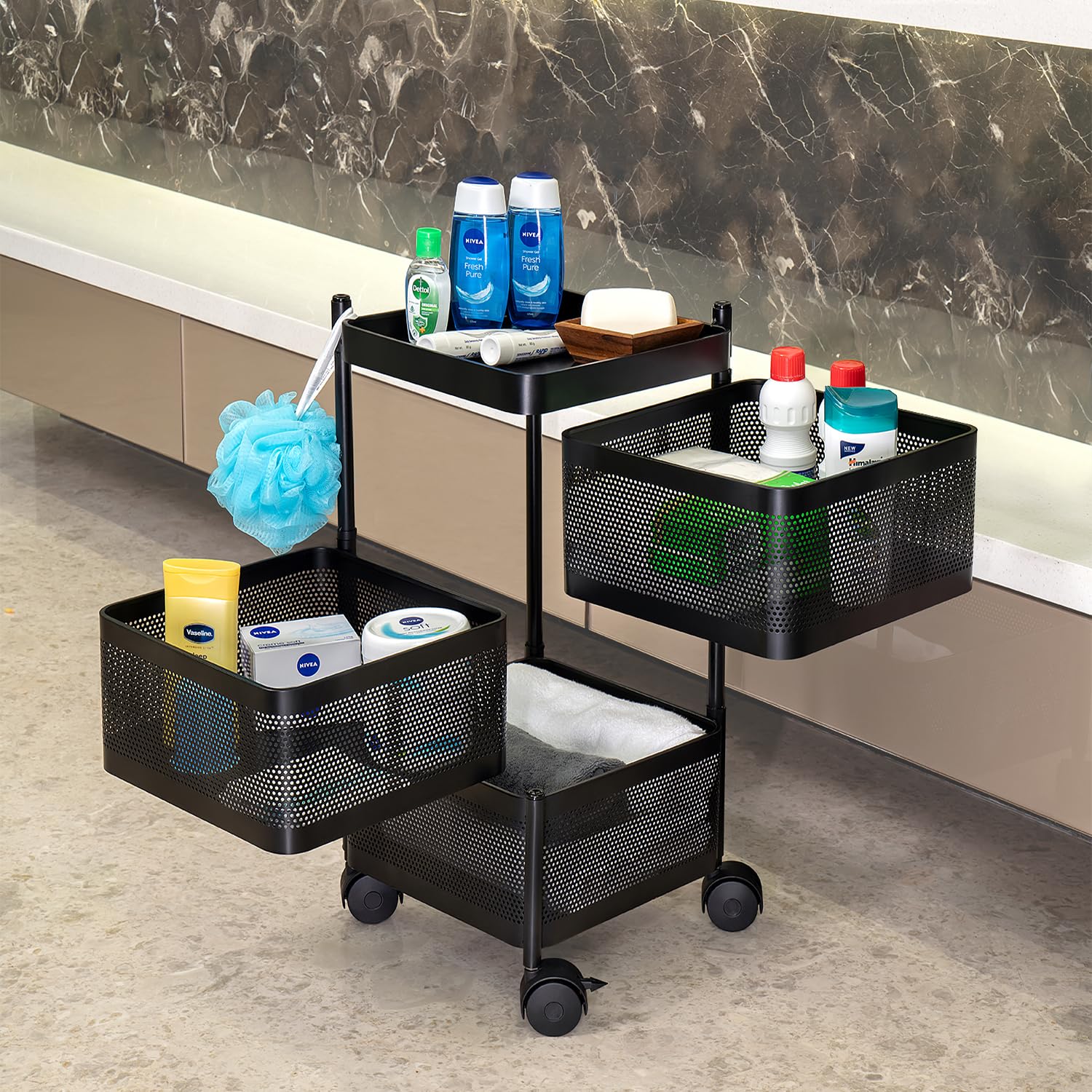 3-Tier Metal Mesh Rolling Utility Cart with 4 Wheels, Bathroom Organizer Storage Shelf for Kitchen, Living Room, Office