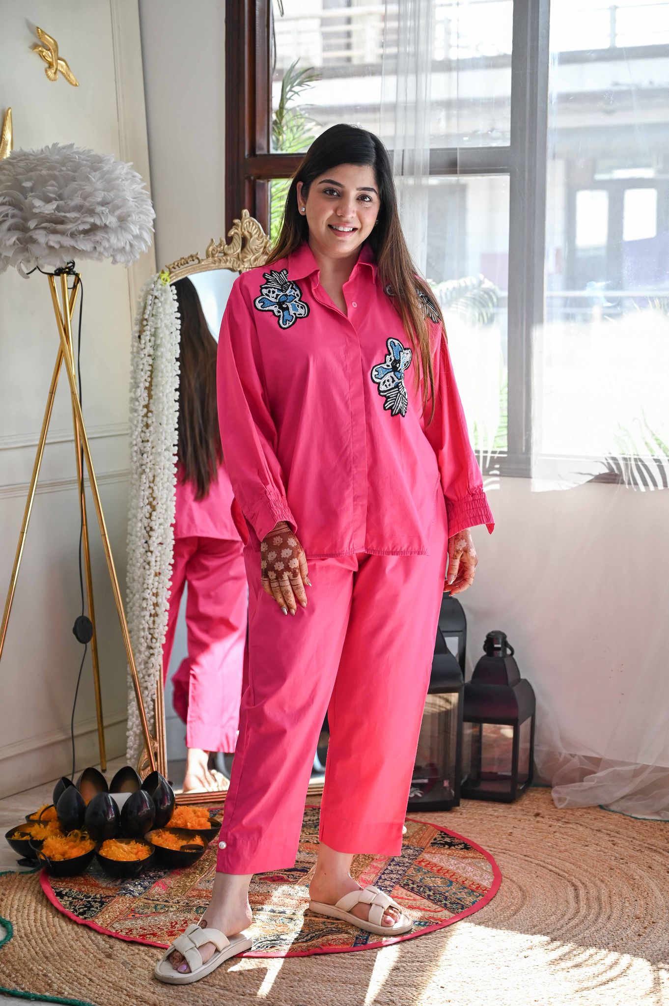 Pink Embroidred Patch Cord Set-One size