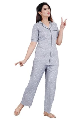 Women's Casual Half Sleeve Printed Viscose Rayon Shirt with Pyjama Pant Night Suit Set (Grey, 2XL)-PID47195 Women's Casual Half Sleeve Printed Viscose Rayon Shirt with Pyjama Pant Night Suit Set (Grey, 2XL)-PID47195
