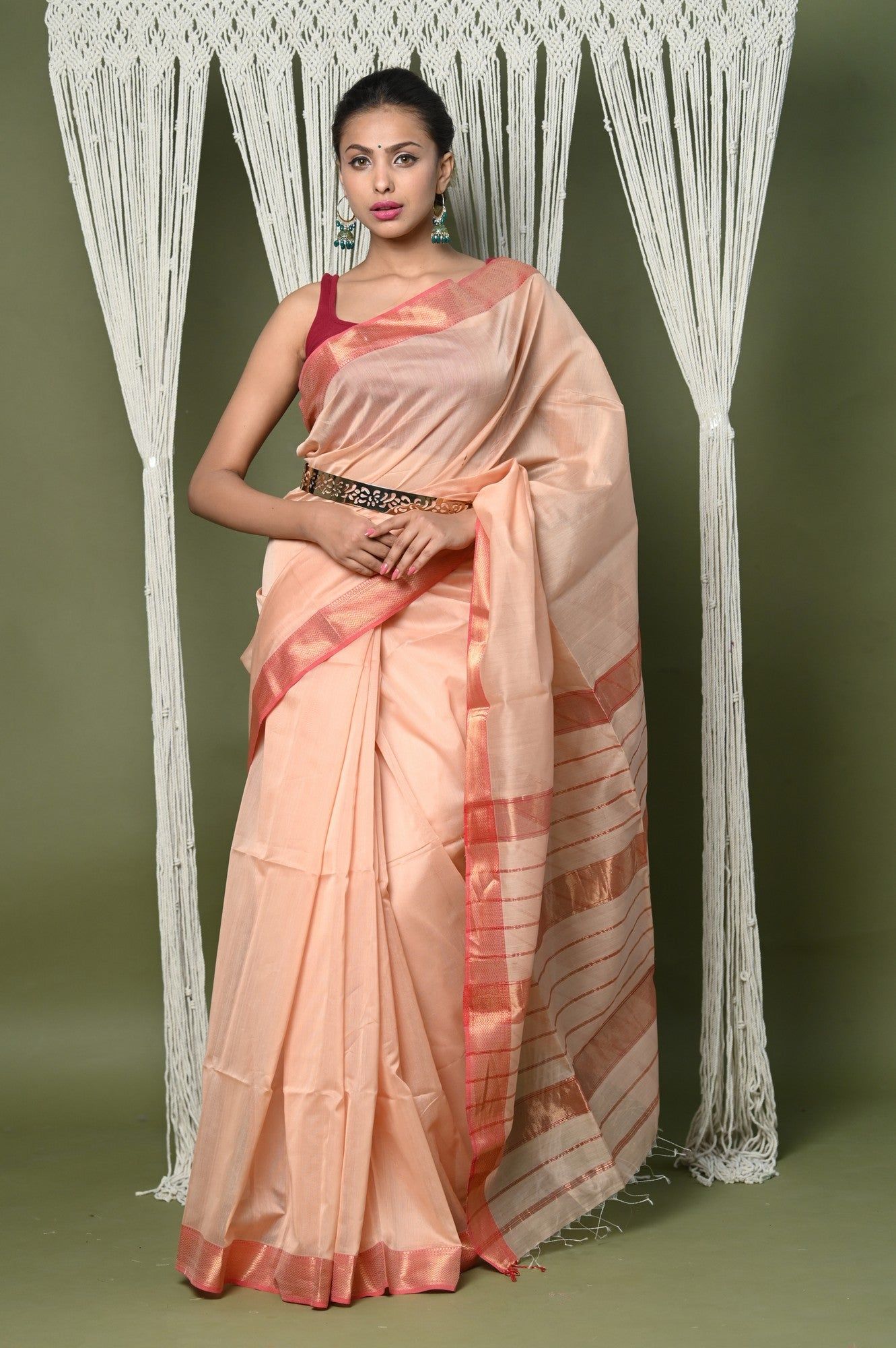 Handloom Cotton Silk Saree With Sleek Golden Border ~ Beige