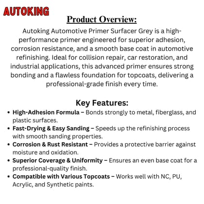1001 Autoking Automotive Primer Surfacer | High-Adhesion, Corrosion-Resistant & Fast-Drying | Ideal for Cars, Bikes, Trucks & Industrial Use | Smooth Base for Topcoats 1001 Autoking Automotive Primer Surfacer | High-Adhesion, Corrosion-Resistant & Fast-Drying | Ideal for Cars, Bikes, Trucks & Industrial Use | Smooth Base for Topcoats