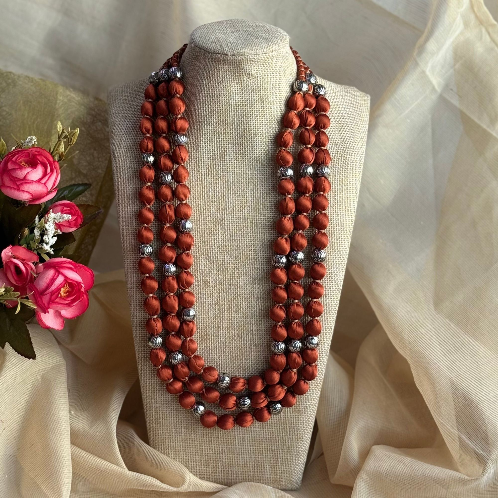 3 Layer Fabric Beaded Necklace in satin