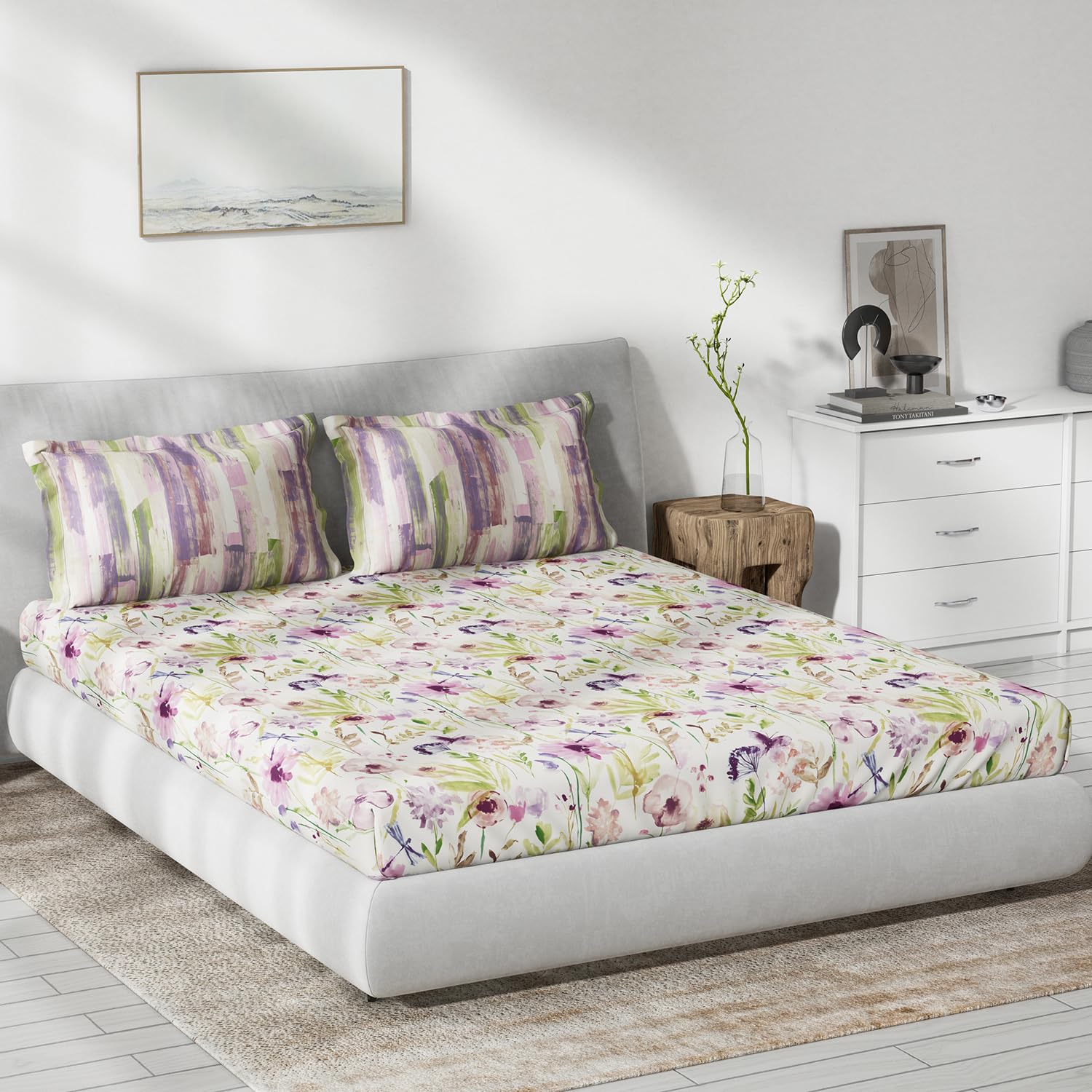 DDECOR - Primary Collection 100% Cotton Floral Pattern 145TC King Bedsheet |229 CM X 274 CM| with 2 Pillow Covers - Pink