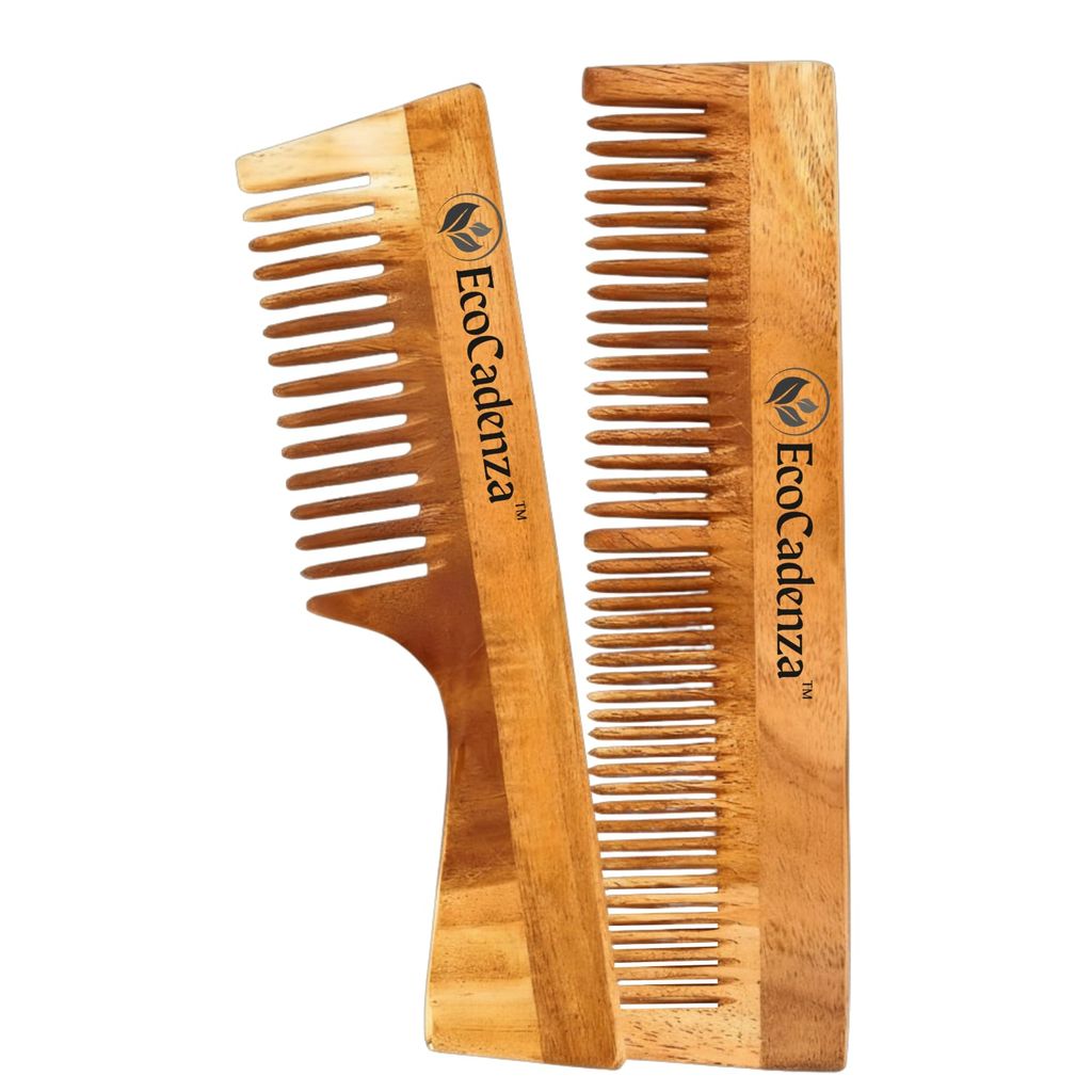 EcoCadenza Neem Wood Hair Comb Set, Full Size, Natural Wood, Handle and Double-Tooth Design for Hair Care and Dandruff Control