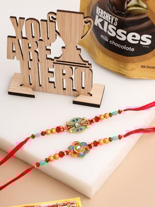 NVR Men Set of 2 Floral Design Red Artificial Stones & Beads Thread Rakhi Combo-One Size / Red