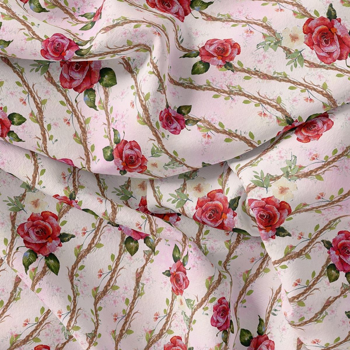 Autumnal Red Roses With Leaves Digital Printed Fabric - Weightless