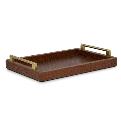 Eden Tan Rectangular Tray In Genuine Croco Leather-Tan