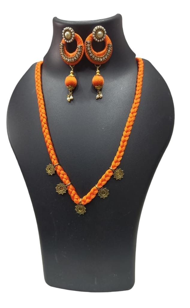 Orange Silk Thread Necklace Set with Earrings for Women