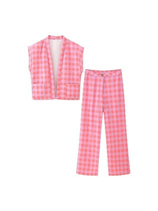 Gingham Print Jacket & Pant Coord Set-Pink / M