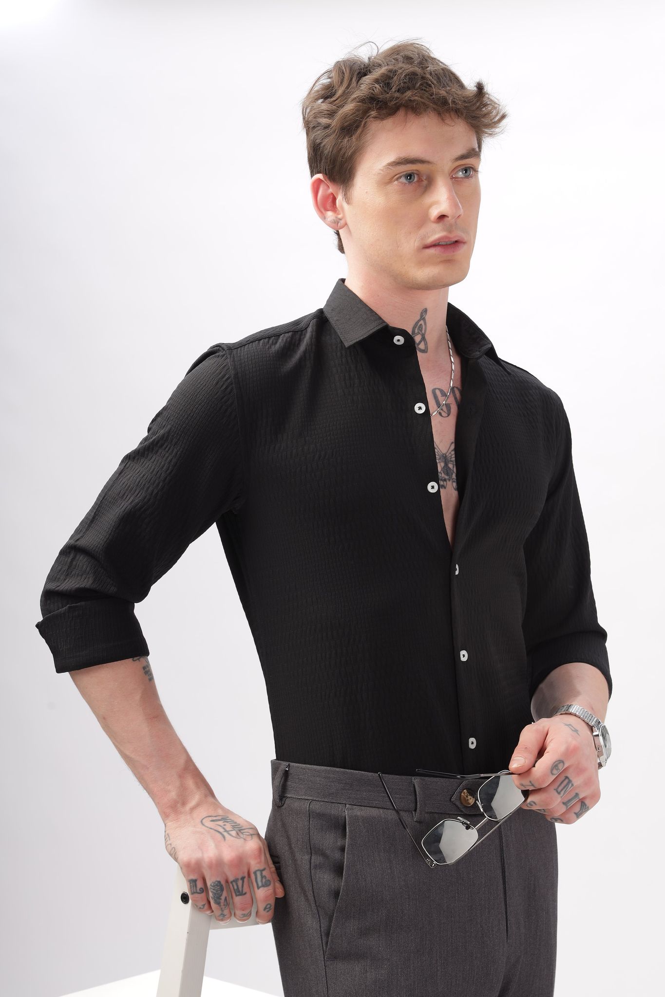 Faux Alligator Print Black Textured Shirt-Black / XXL