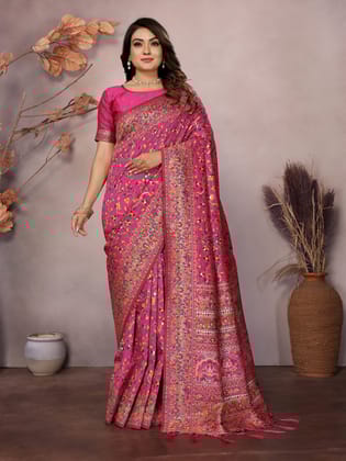 Rani Pink Soft Silk Meenakari Weaving Work Pashmina Saree