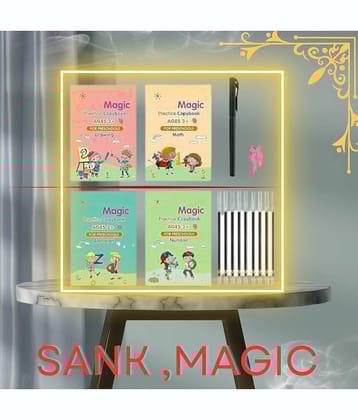 Sank Magic Practice Copybook, (4 BOOK + 10 REFILL+ 2 Pen +2 Grip) Number Tracing Book for Preschoolers with Pen, Magic Calligraphy Copybook Set Practical Reusable Writing Tool Simple Hand Lettering