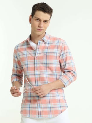 Coral Checks Casual Shirt-M / Pink