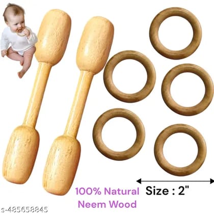 Neem Wood Teether: Safe, Natural, and Soothing Pack of 7 ( 2 Dumbbell Shape and 5 Ring Set ,Ring Size 2inch perfect for tiny hands)