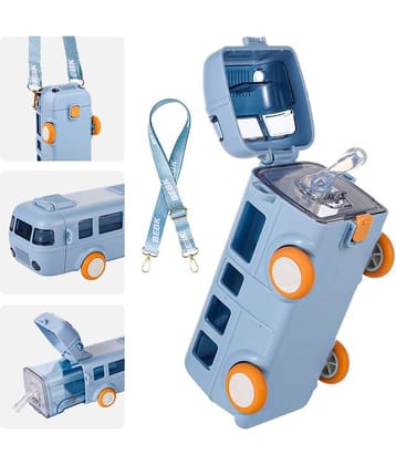 Bus Water Bottle for Kid with Straw and Sticker Sport Plastic Portable Drinking Bottle for Kids Girls And Boys School Supplies (BusBottle_Blue_500ml)