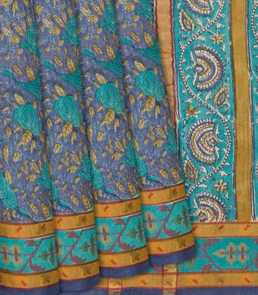 Dark Grey Woven Tussar Silk Saree Printed With Bird Motifs-Dark Grey-Dark Grey