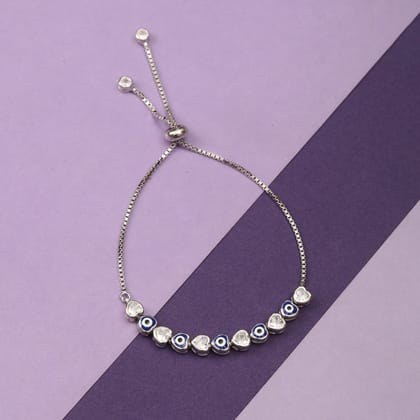 925 Sterling Silver Evil Eye Adjustable Bracelet with Cubic Zirconia Hearts for Women | Protection Charm Jewelry