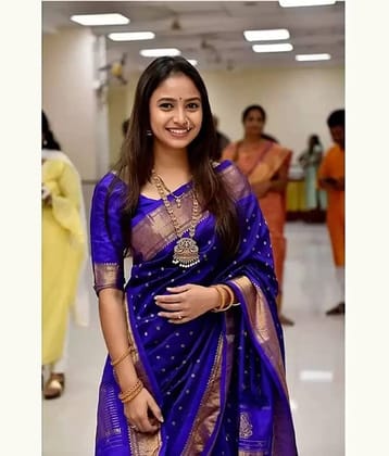 Gazal Fashions Banarasi Silk Embellished Saree With Unstitched Blouse Piece ( Navy Blue )