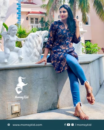 Midnight Bloom: Copperish Floral Print on Navy Blue Crushed Rayon long Kurti - Short Sleeve