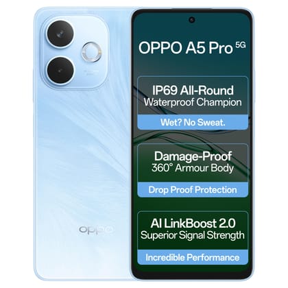 OPPO A5 Pro 5G (Feather Blue, 8GB RAM, 128GB Storage)|6.67” HD+ 120Hz Refresh Rate Screen | 45W SUPERVOOC|with No Cost EMI/Additional Exchange Offers OPPO A5 Pro 5G (Feather Blue, 8GB RAM, 128GB Storage)|6.67” HD+ 120Hz Refresh Rate Screen | 45W SUPERVOO