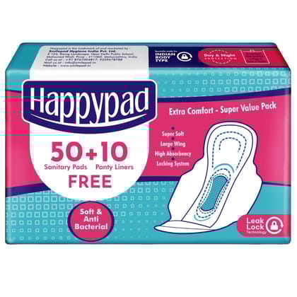 Happypad Ultra Thin Sanitary Napkins for Women XL, 50 Pads + 10 Panty Liners Combo Pack | Sanitary Pads for Heavy Bleeding (60 pcs Pack)