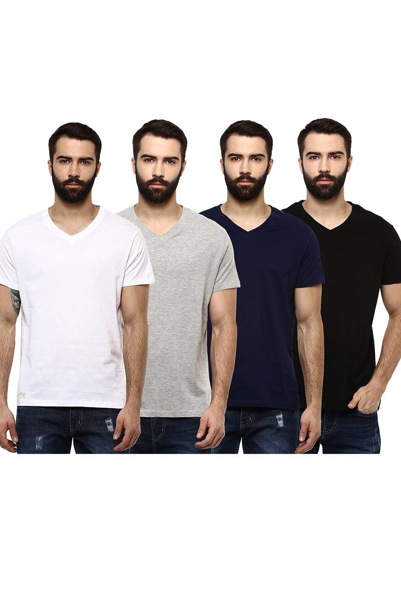 Men's V Neck Half Sleeves Pack of 4 T-Shirts - Black, Navy, White & Grey Melange-L / Black, Navy, White & Grey Melange