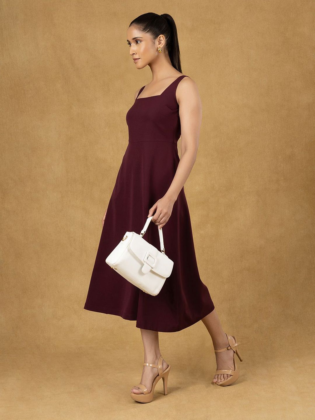 Burgundy Solid Strappy Fit And Flared Dress-XS